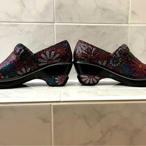 Worn once.  Floral clogs